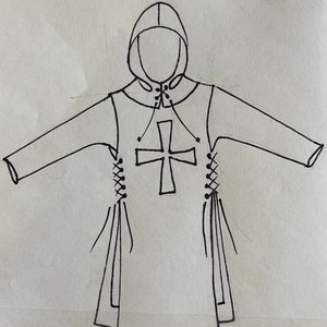 May include: A black and white line drawing of a hooded tunic with a cross on the front and laces down the sides.