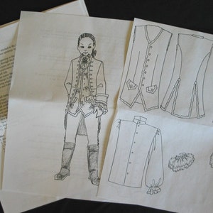 May include: A black and white line drawing pattern for a historical costume. The pattern includes a jacket, shirt, pants, and two different types of collars. The pattern is printed on white paper.