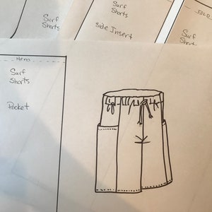 Puede incluir: Un dibujo en blanco y negro de un par de pantalones cortos con un bolsillo y una cintura con cordón. El dibujo está en una hoja de papel blanco con las palabras "Surf Shorts", "Hem" y "Pocket" escritas en él.