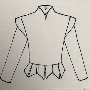 Puede incluir: Un dibujo en blanco y negro de una camisa de manga larga con cuello alto y un dobladillo con volantes.