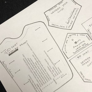 May include: A black and white line drawing of a shirt pattern with instructions for sewing a Western shirt. The pattern includes details for the front, back, yoke, pocket, and sleeve. The text on the pattern includes "SID SHIRT", "CAVALRY", "WESTERN YOKE", "WESTERN POCKET", and "PRESS, HEM".