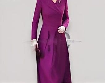 Prinzessin Kate Mittleres Ton Lila Wollmantel Kleid | Vintage Midikleid in A-Linie