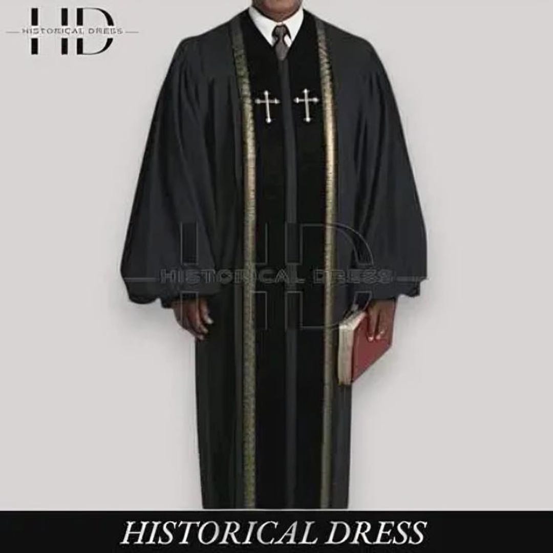 Men's Black Clergy Robe With Crosses - Pastor Preaching Gown Church ...