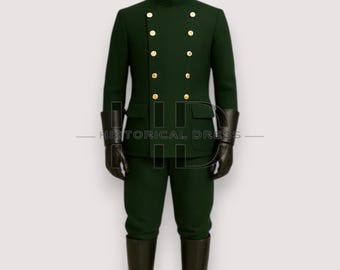 May include: A dark green suit with a high collar and gold buttons. The jacket has two rows of buttons and two pockets. The suit is paired with black gloves and boots. The text "HISTORICAL DRESS" is at the bottom of the image.
