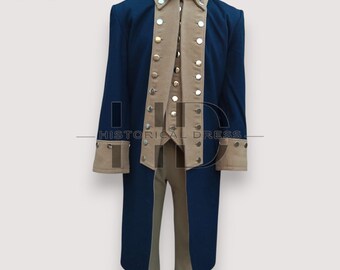 May include: A navy blue historical costume with a tan vest and accents. The long coat features tan cuffs and a tan collar. The vest has silver buttons. The words "HISTORICAL DRESS" are at the bottom of the image.