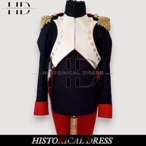 May include: A navy blue historical military jacket with a white vest, gold epaulettes, and red accents. The jacket features gold buttons and is displayed on a wooden stand. The text "HISTORICAL DRESS" is visible.