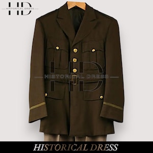 May include: A dark olive green military-style jacket with gold buttons and pockets. The jacket has a belt and is hanging on a wooden hanger. The text "HISTORICAL DRESS" is at the top and bottom of the image.