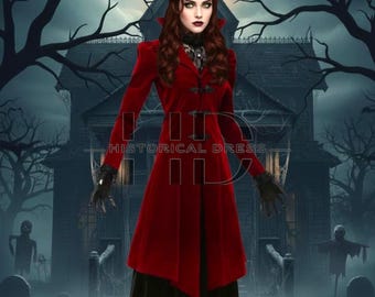 May include: A long-sleeved, deep red coat featuring a high collar, structured shoulders, and a front closure with black toggle-style fasteners. The coat is worn over a black garment with a high lace neckline and paired with black gloves.
