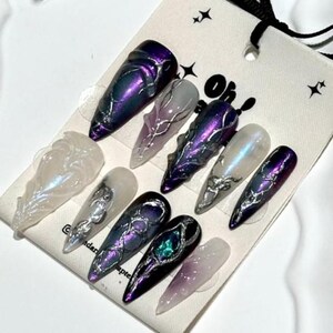 Y2K Purple Chrome Press On Nails: Long Stiletto, Handmade Glam