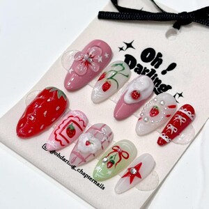 Strawberry Vibes Press-On Nails with 3D Design | Summer Nails | Fruit Art Press on Nails | Kawaii Fruit Nails
