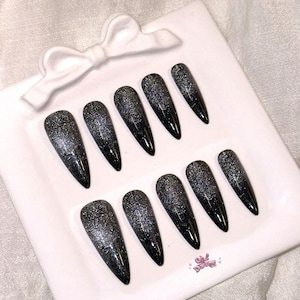 Gothic Black Cat Eye Press-On Nails: Long Stiletto, Magnetic Galaxy Effect