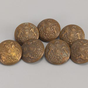 Może przedstawiać: Siedem antycznych mosiężnych guzików z szczegółowym herbem. Okrągłe guziki przedstawiają herb z koroną i lwem. Guziki mają postarzany wygląd i średnicę około 2,5 cm.
