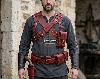 Made To Order - Handmade Red Leather Viking Harness Set with Belt & Holster  Medieval Warrior LARP Costume - Renaissance Cosplay Pirate Gear