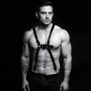 Black Leather Men Suspender Harness - 100% Genuine Leather