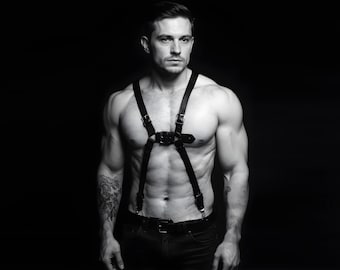 Black Leather Men Suspender Harness - 100% Genuine Leather