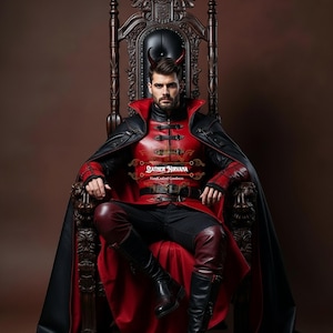 May include: A person wearing a red and black costume with a cape, sitting on a dark wooden throne. The costume includes a red jacket, black pants, and knee-high black boots. The image includes the text "LEATHER NIRVANA Handcrafted Goodness".