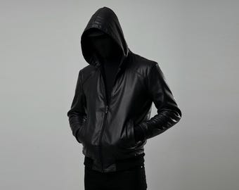 メンズ ブラックシープレザーパーカー | ハンドメイドプルオーバー