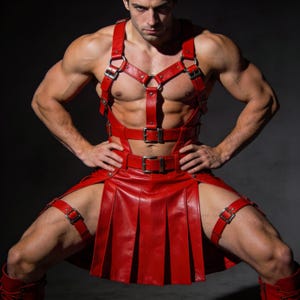 Peut inclure: Ensemble harnais et kilt en cuir rouge avec boucles argentées. Le harnais comprend des bretelles, des sangles de poitrine et une ceinture. Le kilt est plissé et possède une sangle de cuisse. Les bottes sont en cuir rouge.