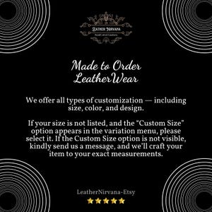 May include: Black background with white spiral designs and text. The text reads "Made to Order Leather Wear" and "We offer all types of customization - including size, color, and design." The Etsy shop name "LeatherNirvana-Etsy" is also displayed.