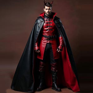May include: A costume featuring a red leather jacket and pants, a black cape, and black boots. The jacket has multiple buttons and a high collar. The cape is black on the outside and red on the inside. The costume includes a black belt and gloves.