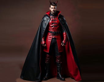 Futuristic Black & Red Leather Cloak – Cyberpunk Warrior Outfit - Renaissance Fair - Vampire Outfit
