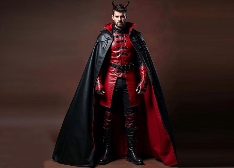 May include: A costume featuring a red leather jacket and pants, a black cape, and black boots. The jacket has multiple buttons and a high collar. The cape is black on the outside and red on the inside. The costume includes a black belt and gloves.