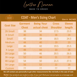 May include: A sizing chart for coats, featuring measurements in inches. The chart includes coat sizes from 2X-Small to 5X-Large, with corresponding chest, actual chest, shoulder, and sleeve length measurements. The brand name "Leather Nirvana" is at the top.