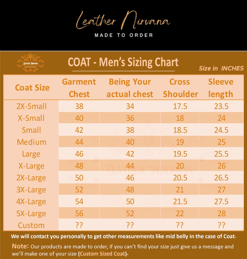 May include: A sizing chart for coats, featuring measurements in inches. The chart includes coat sizes from 2X-Small to 5X-Large, with corresponding chest, actual chest, shoulder, and sleeve length measurements. The brand name "Leather Nirvana" is at the top.