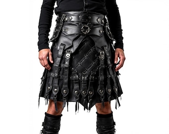 Handgefertigt: Echter schwarzer Leder Gladiator Kilt - Gothic Cosplay Kostüm Kilt - Neuestes Design in Kilts