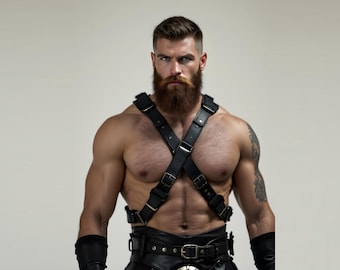 Imbracatura pettorale completamente regolabile in vera pelle nera, realizzata su ordinazione: tracolla robusta.