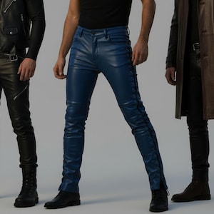 Handcrafted Blue Sheep Leather Pants: Men&#39;s Side Lace Jeans