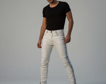 Genuine White Leather Biker Pants - Custom Fit Men's Trousers