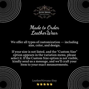 May include: Black background with white spiral designs and text. The text reads "Made to Order Leather Wear" and "We offer all types of customization - including size, color, and design." The Etsy shop name "LeatherNirvana-Etsy" is also displayed.