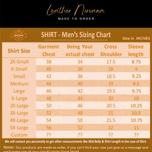 May include: A shirt sizing chart in inches, with measurements for chest, actual chest, cross shoulder, and sleeve length. Sizes range from 2X-Small to 5X-Large, plus custom sizes. The chart includes the text "Leather Nirvana MADE TO ORDER."