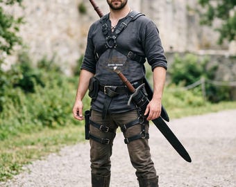 Black Leather Warrior Harness Set - X Back Sword Harness - Thigh Straps - Waist Belt- Medieval LARP Cosplay Costume - Renaissance Faire Gear