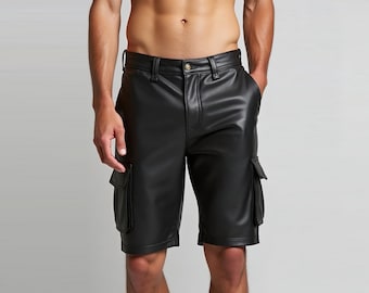 Pantaloncini cargo in vera pelle di pecora - Design nero a 6 tasche