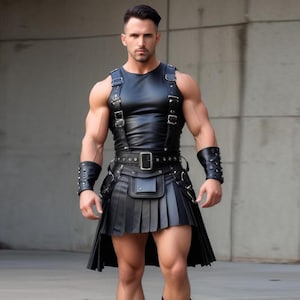 May include: A black leather outfit featuring a sleeveless top with suspenders, a pleated kilt, and wrist cuffs. The outfit includes a belt with a pouch and is worn by a person. The overall style is edgy and bold.