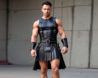 Nieuwste kostuumontwerp: handgemaakte zwarte leren gladiatorkilt met harnasvest met jarretels