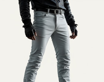 Handmade White Leather Biker Pants - Genuine Cowhide Jeans