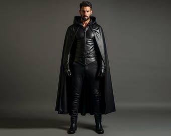 Genuine Leather Hooded Cloak: Gothic Fantasy Costume, LARP Medieval Robe