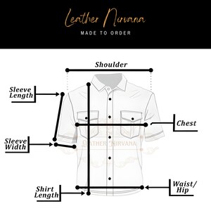 May include: Diagram of a white button-down shirt with measurement labels for shoulder, chest, sleeve length, sleeve width, shirt length, and waist/hip. The text "Leather Nirvana MADE TO ORDER" is at the top.