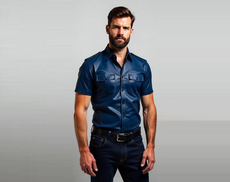 May include: A short-sleeved, navy blue leather shirt with two chest pockets and a button-down front. The shirt is paired with dark blue jeans and a black belt.