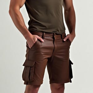Handmade Brown Leather Cargo Shorts: Men&#39;s 6-Pocket Real Cowhide