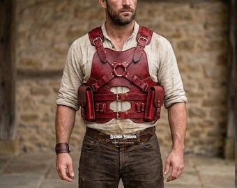Made To Order - Handmade Red Leather Chest Harness Vest - Medieval Leather Armor -Viking Warrior Harness - LARP Costume, Renaissance