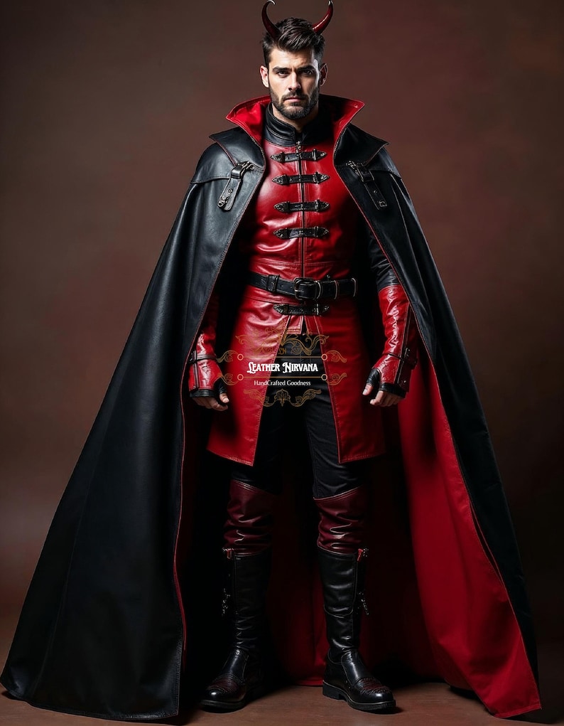 May include: A red and black leather costume with a long black cape. The costume features a red jacket with black buttons and a black belt. The outfit includes matching red leather pants and black boots. The image includes the text "Leather Nirvana".
