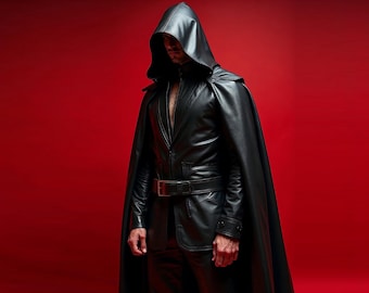 May include: A black leather hooded cloak and jacket ensemble. The jacket features a belt and a zipper closure. The cloak drapes over the shoulders, creating a dramatic silhouette against a red background. The outfit is a dark, gothic style.