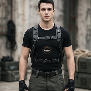 May include: A black leather chest harness featuring adjustable straps, metal buckles, and two integrated side pouches. The harness is worn over a plain black t-shirt with a small logo in the center, paired with olive green cargo pants and black tactical gloves.