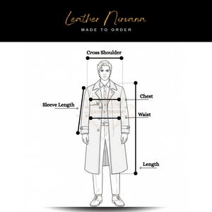 May include: A diagram illustrating how to measure a person for a coat. The image shows a line drawing of a person wearing a long coat, with labels indicating measurements such as cross shoulder, sleeve length, chest, waist, and length. The text "Leather Nirvana MADE TO ORDER" is at the top.