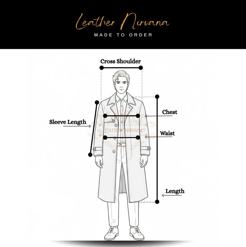 May include: A diagram illustrating how to measure a person for a coat. The image shows a line drawing of a person wearing a long coat, with labels indicating measurements such as cross shoulder, sleeve length, chest, waist, and length. The text "Leather Nirvana MADE TO ORDER" is at the top.