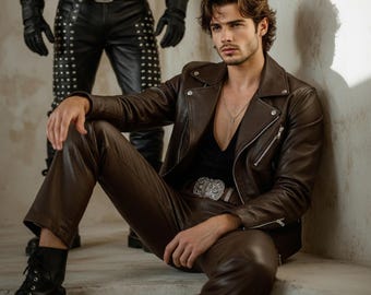 Pantalones de motociclista de cuero marrón hechos a medida: vaqueros de piel de vaca auténtica